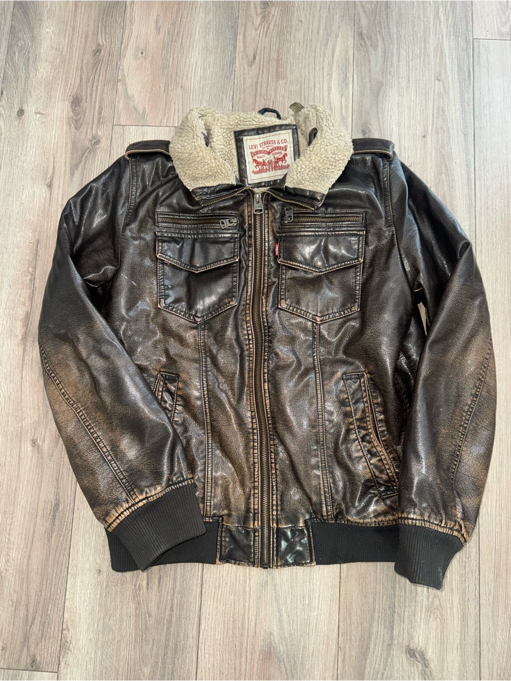 Levi's Dark Brown Faux Leather Bomber Jacket with Cream Sherpa Collar